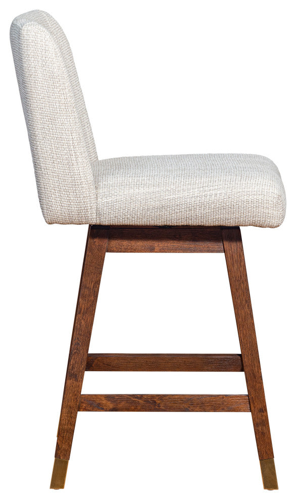 Basila Swivel Counter Stool in Brown Oak Wood Finish with Beige Fabric