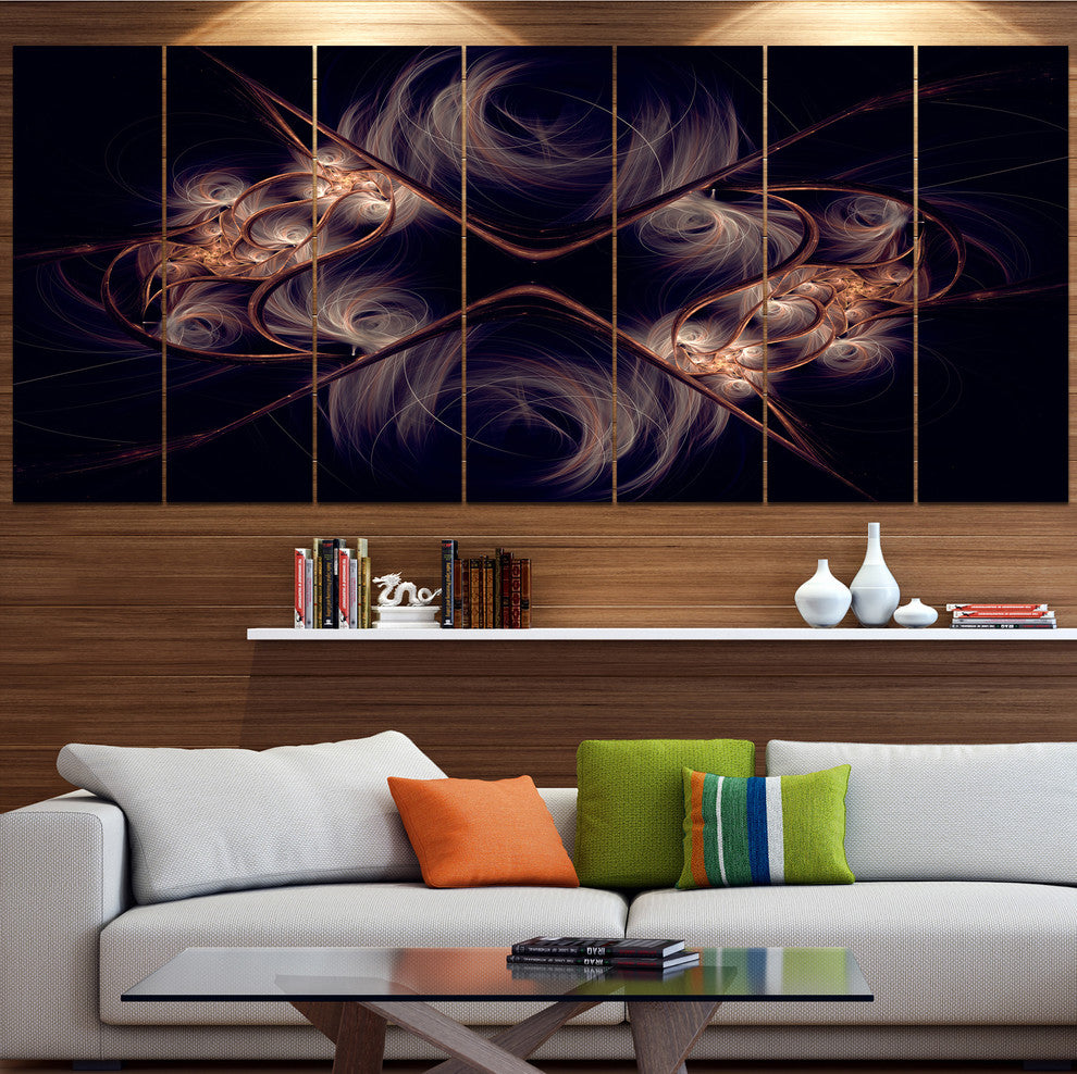 Dark Gold Fractal Flower Pattern, Abstract Wall Art Canvas, 83"x32", 7 Panels