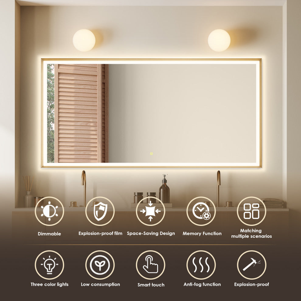 Apollo Anti-Fog Dimmable Vanity, LED Lighted Wall Mirror, Brushed Gold, 72"