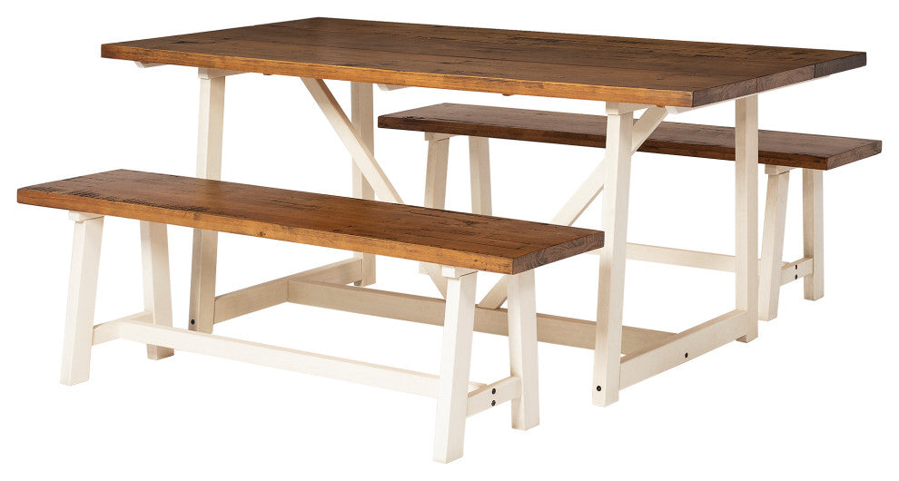 Brennan Solid Wood 3 Piece Trestle Dining Group - Rustic Oak/White Wash