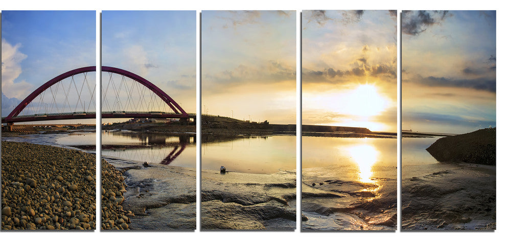 Bridge Sunset Panorama, Seashore Wall Art on Canvas, 60"x28", 5 Panels