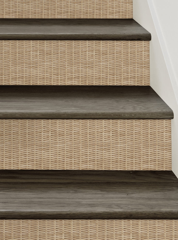 Rattan Weave Peel and Stick Stair Riser Strips, Natural, 48"x7", Set of 6
