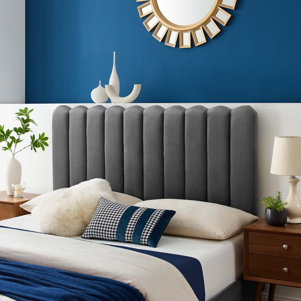 Headboard, Full Queen Size, Velvet, Dark Gray, Modern Contemporary, Bedroom