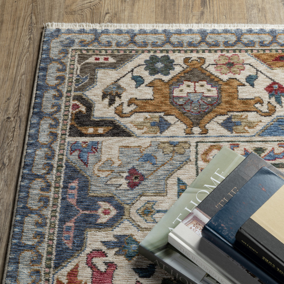 Hanford Bordered Medallions Blue/Grey Fringe Edge Area Rug Runner