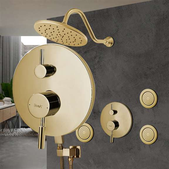 Bravat Brushed Gold Wall Mounted Shower Set, Valve Thermostatic Mixer 3-Way