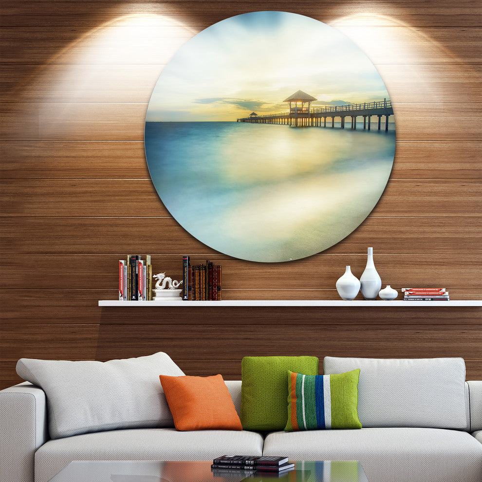 Blue Tinged Seashore With Distant Pier, Sea Pier Round Wall Art, 23"