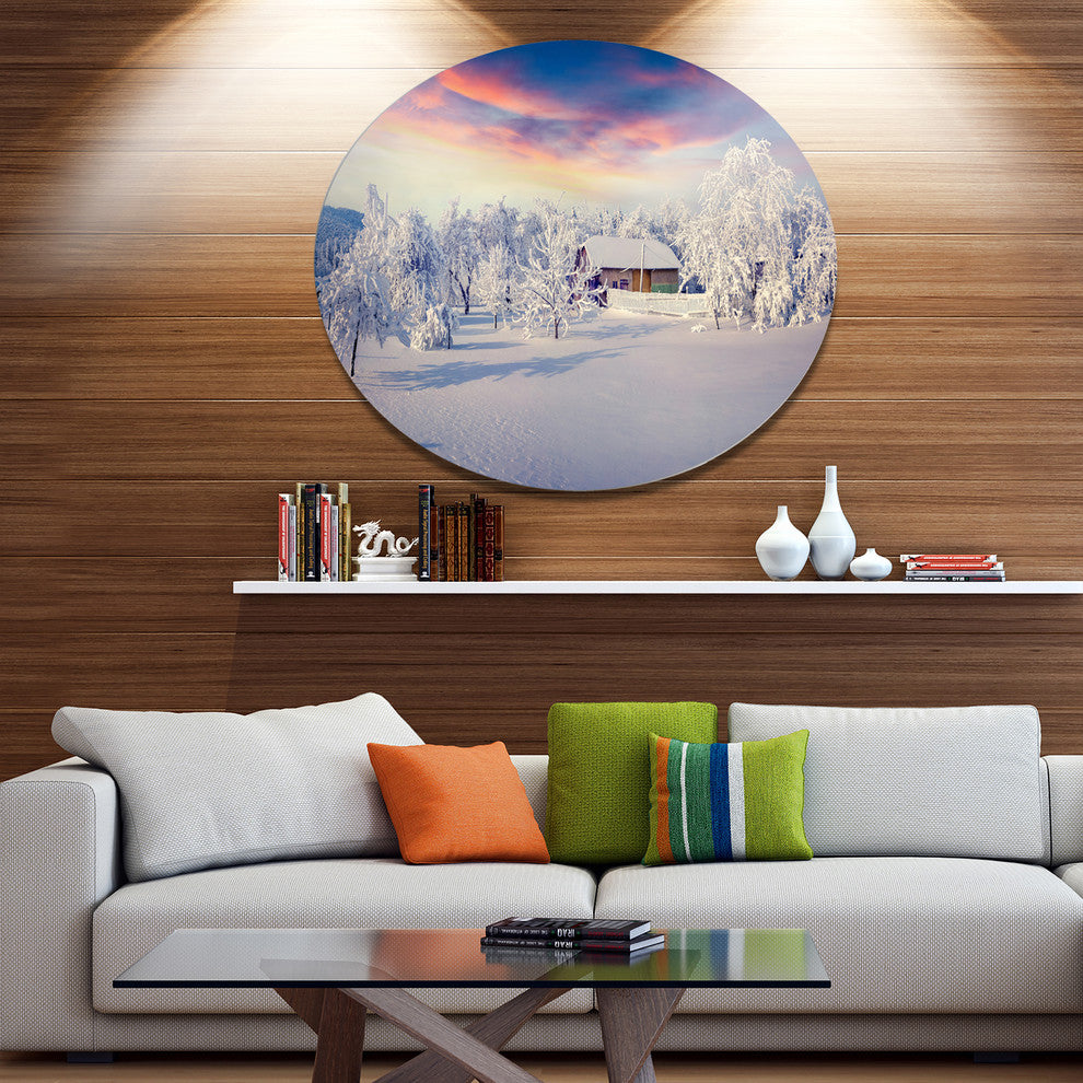 Snowfall Covering Trees And Houses, Landscape Disc Metal Artwork, 23"