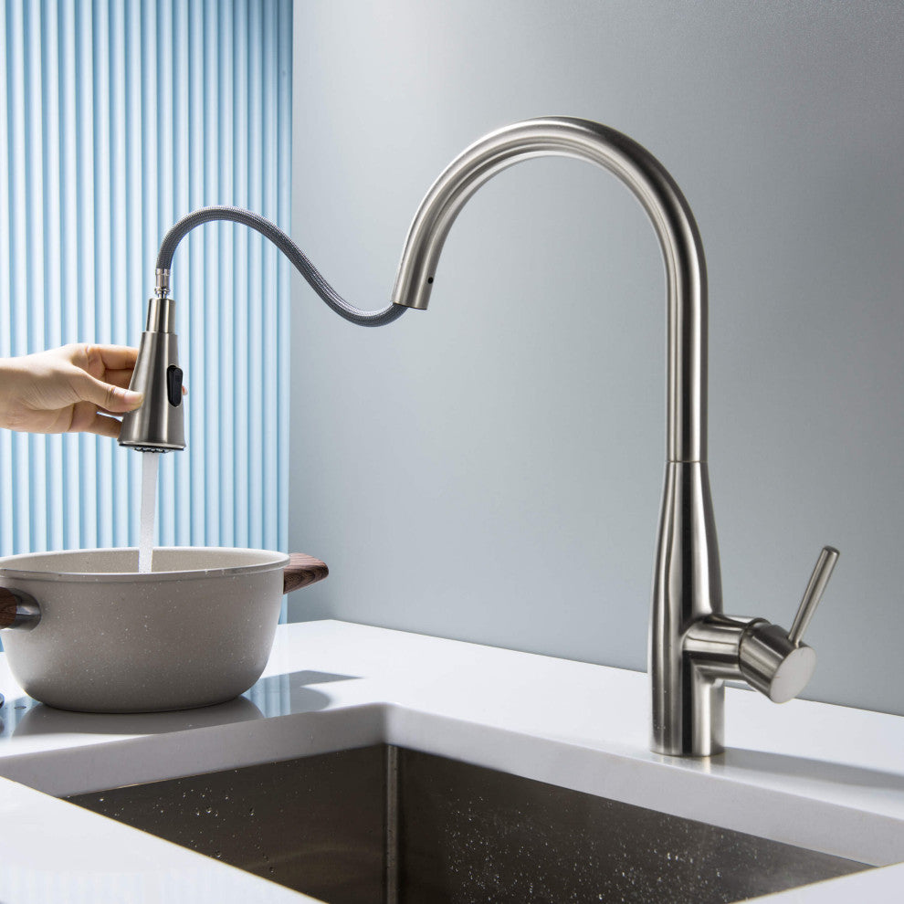 Bari-T Single Handle Pull Down Faucet, Brushed Nickel, With Soap Dispenser