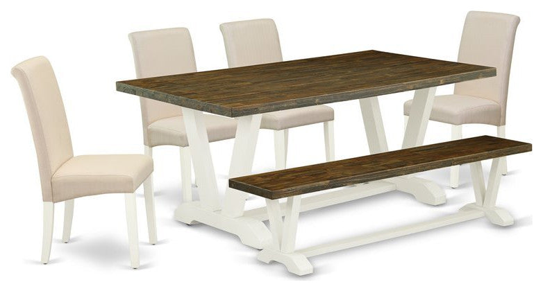 6-Piece Set Table and Bench and 4 Linen Fabric Chairs, Linen White