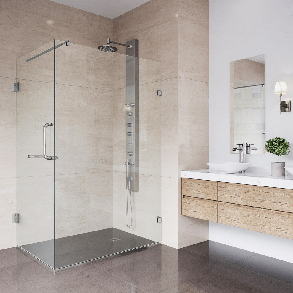 VIGO Pacifica 46"D x 34"W x 73"H Frameless Hinged Shower Enclosure, Brushed Nickel, Without Base