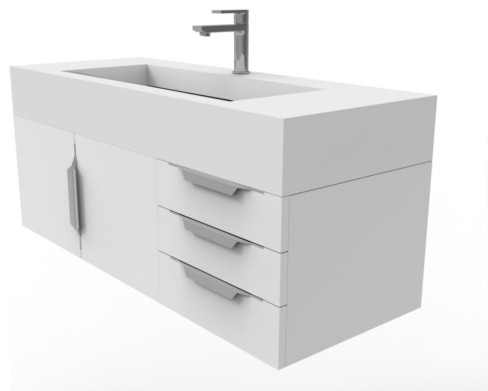 CastelloUSA Nile 48" Wall Mounted Vanity Set, White, White Top, Brushed Nickel