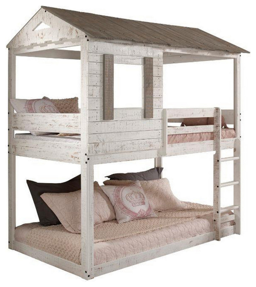 Benzara BM235364 Wooden Twin Bunk Bed With House Design, White and Brown