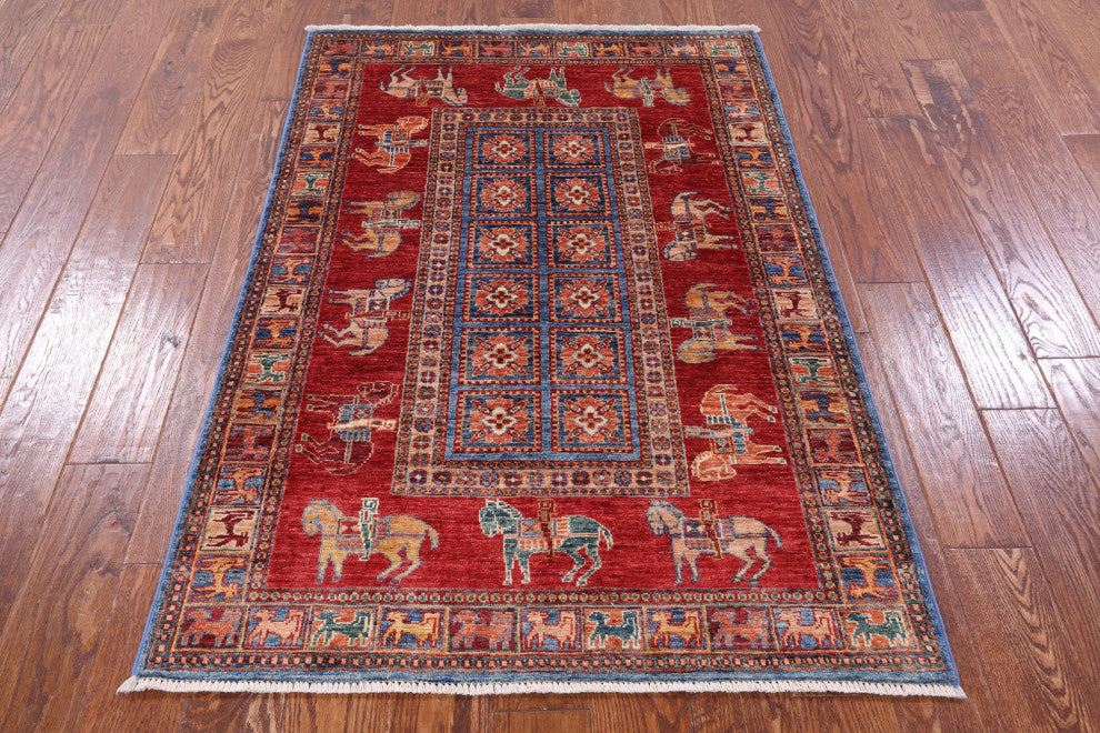3' 5" X 5' 1" Hand Knotted Antiqued Pazyryk Historical Design Wool Rug Q10703