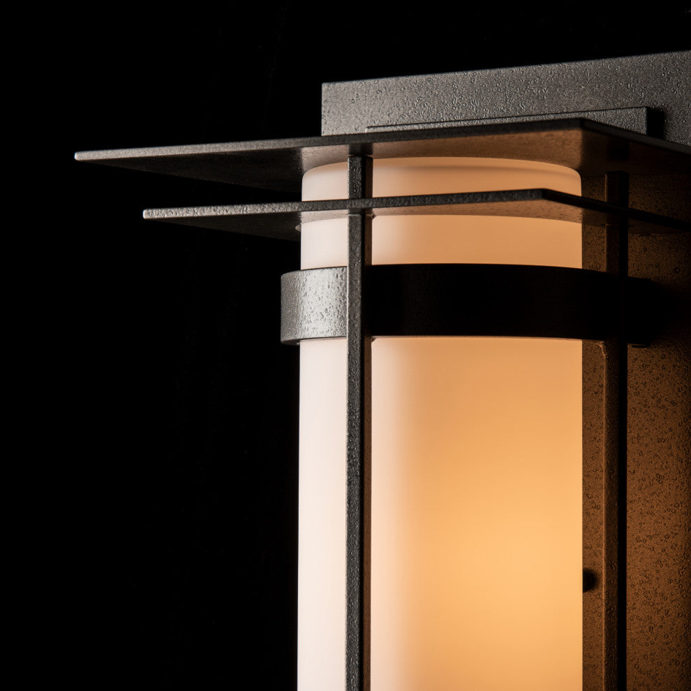 Banded with Top Plate Outdoor Sconce, Coastal Natural Iron Finish, Opal Glass