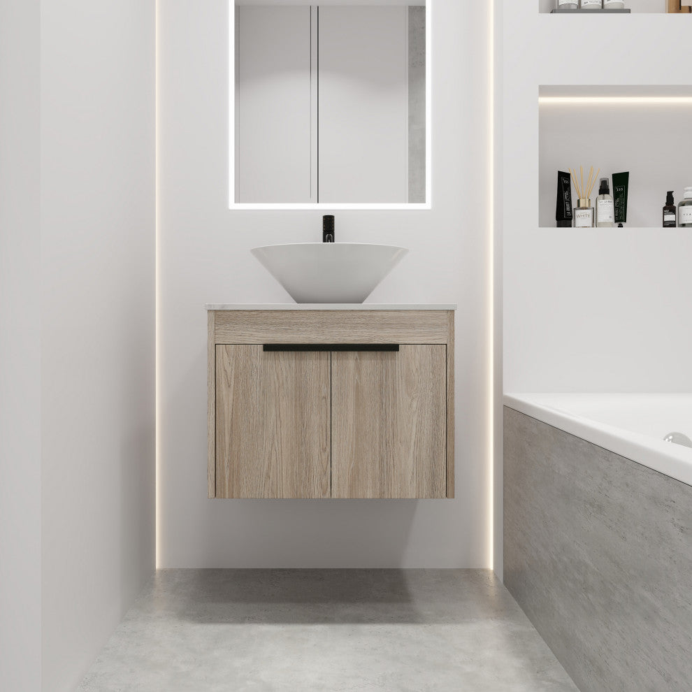 Wall-Mounted Bath Vanity, White Oak, White Ceramic Vessel Sink