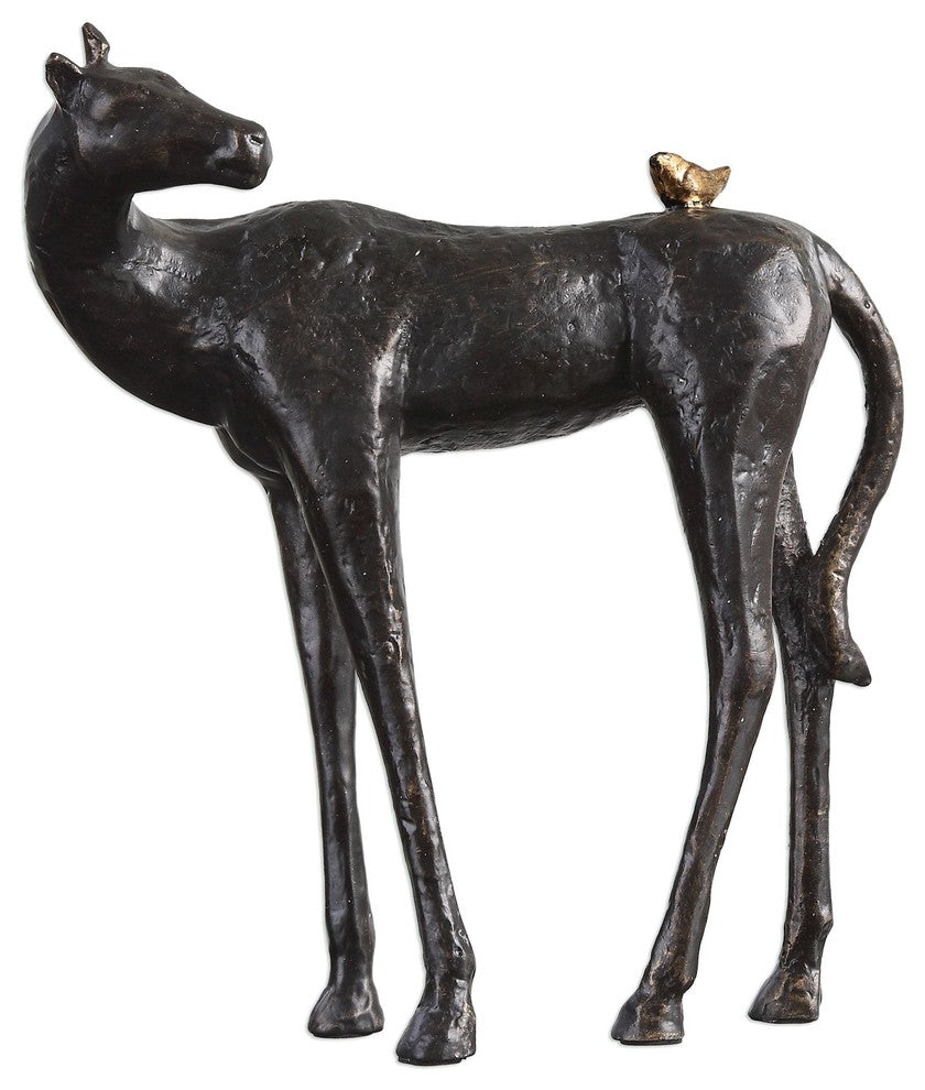 Whimsical Horse Statue, Bronze Metallic Friendship Sculpture Gift