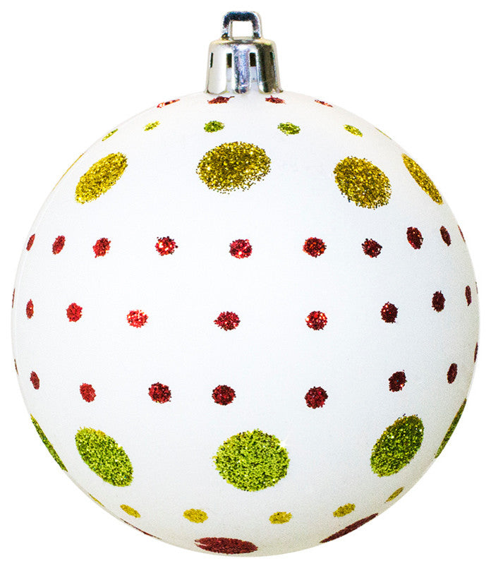 6-Pack White Ball Ornament With Gold, Red And Green Dot And Line Design