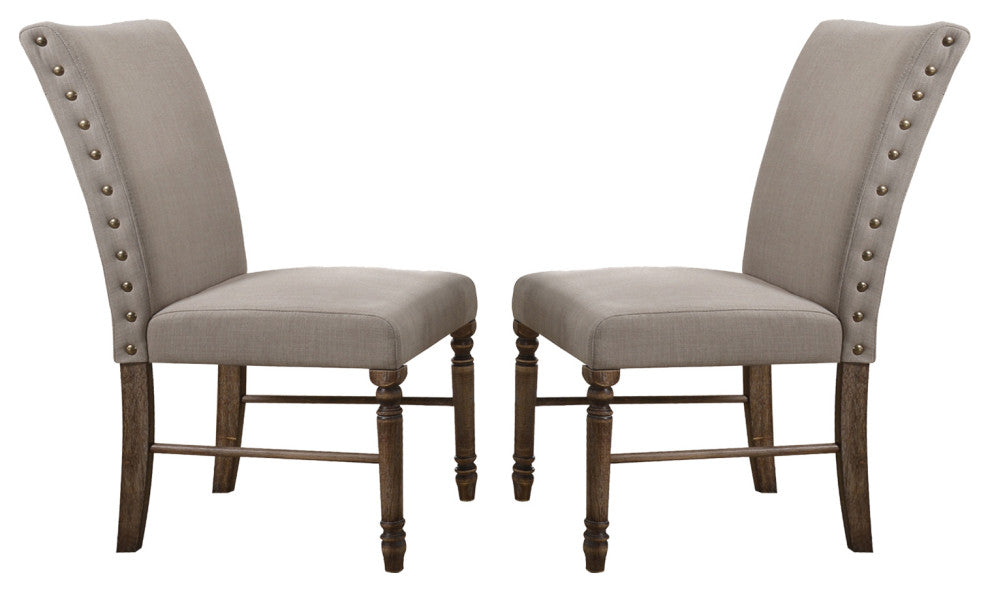 Set of 2 Cream Linen Side Chair, Weathered Oak Finish