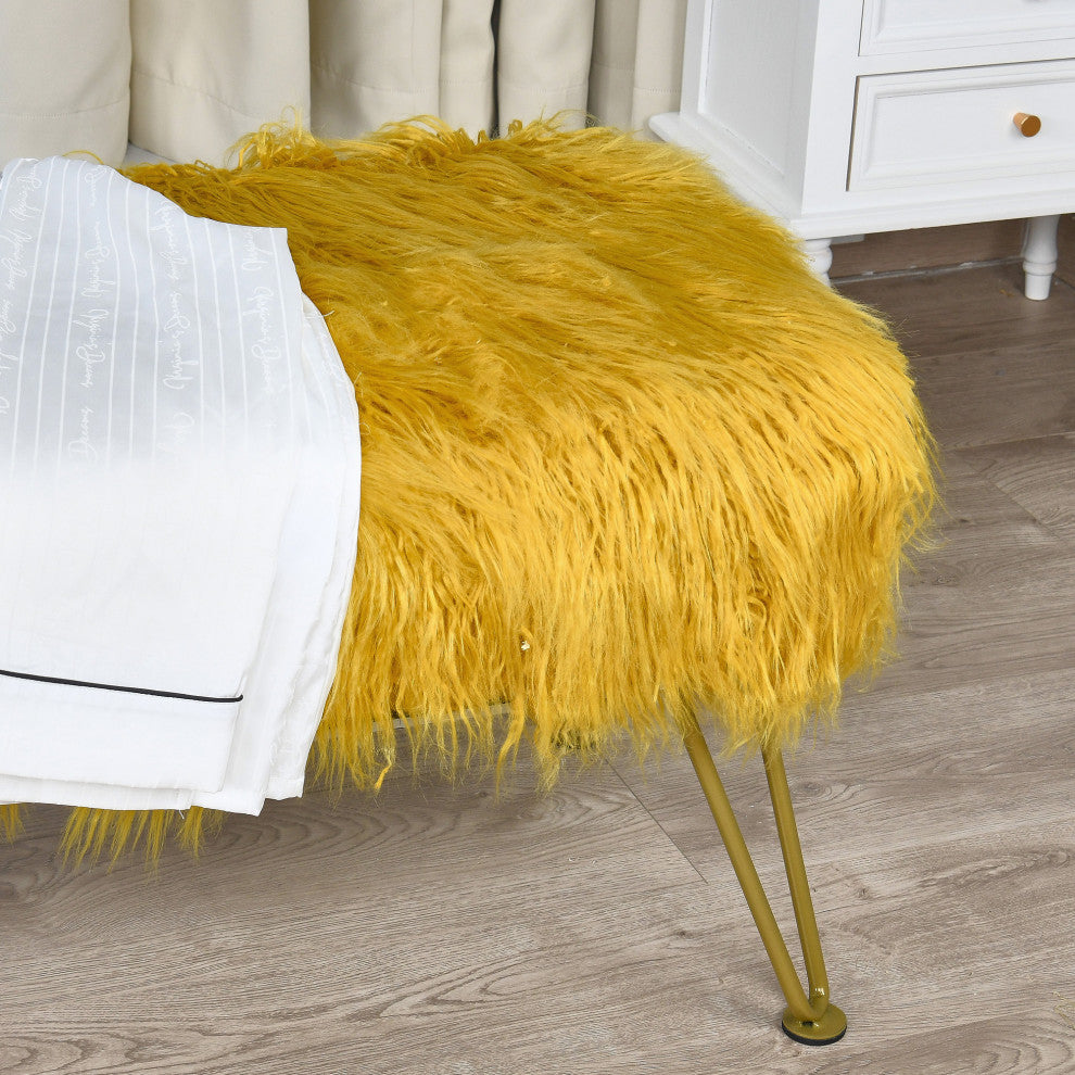 Mongolian Faux Fur Upholstered Ottoman Bench, Lemon Curry, 46x16x22