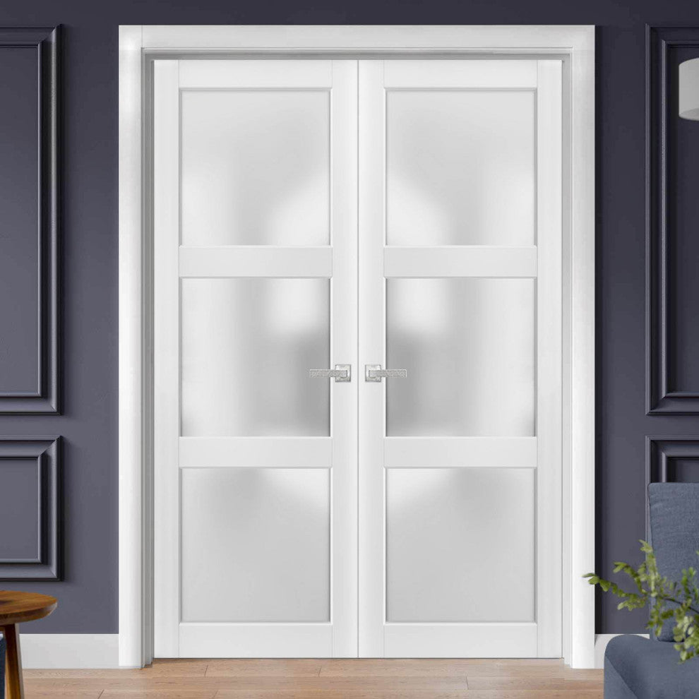 French Double Doors |Lucia 2552 White Silk with Opaque Glass -56x80