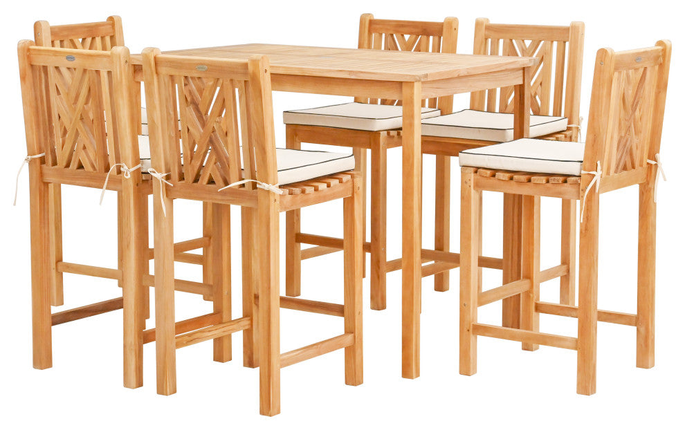 7 Piece Teak Wood Chippendale 63" Rectangular Bistro Bar Set, 6 Bar Chairs