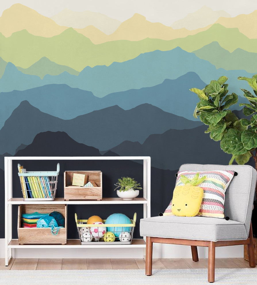 Mountain Mural Wall Art Peel and Stick Vinyl Wallpaper, Navy/Yellow, 24"x96"