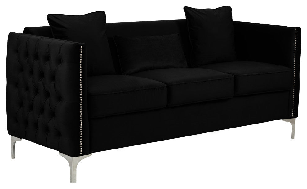 Bayberry Velvet Tufted Sofa Couch with 3 Pillows and Tufting, Black