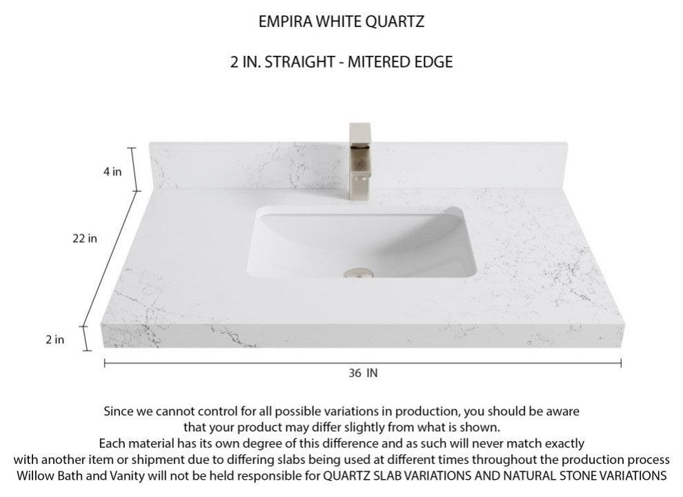 Cambridge 36 Center Sink Bath Vanity in White 2" Empira Quartz
