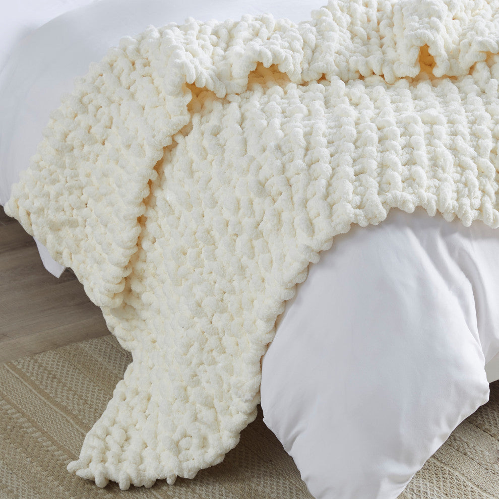 Madison Park Handmade Chenille Chunky Knit 50"x60" Throw, Ivory