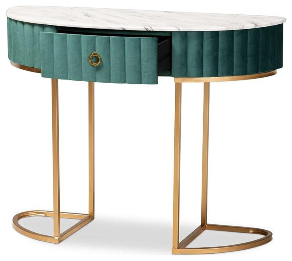 Baxton Studio Brush Gold Finish 1-Drawer Console Table with Faux Marble Tabletop