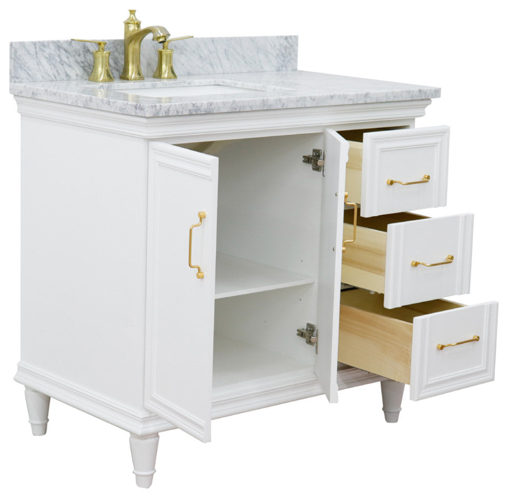 37" Single Vanity, White Finish With White Carrara