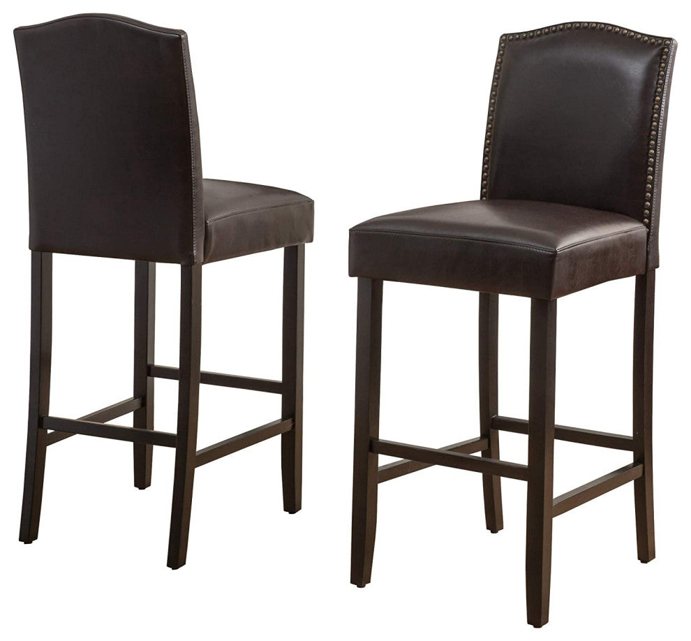 2 Pack Bar Stool, Espresso Finished Legs With Brown Faux Leather Seat & Nailhead