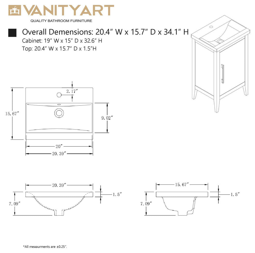Vanity Art Bathroom Vanity With Sink, Driftwood Gray, 20", Single Sink, Golden Brushed