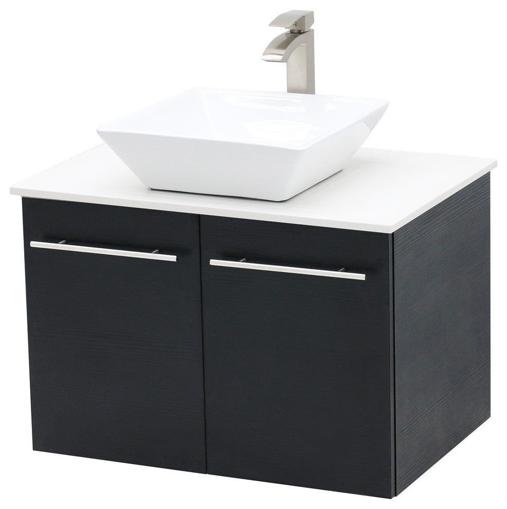 36" Wall Mount Vanity, White Stone Countertop, Black