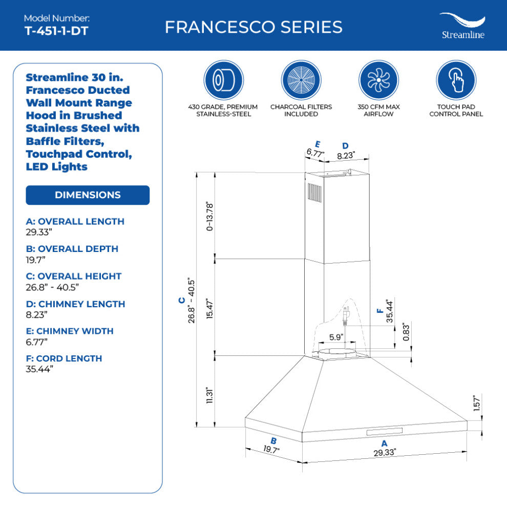 Streamline 30" Francesco Ducted Wall Mount Range Hood, Stainless Steel
