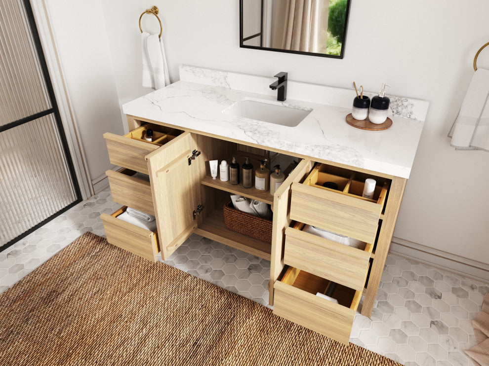 Elizabeth Oak 60" Single Sink Vanity, White 2" Calacatta Nuvo