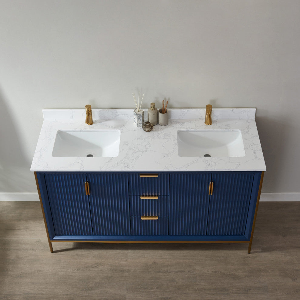 Granada Vanity With White Composite Stone Top, Royal Blue, 60", Without Mirror