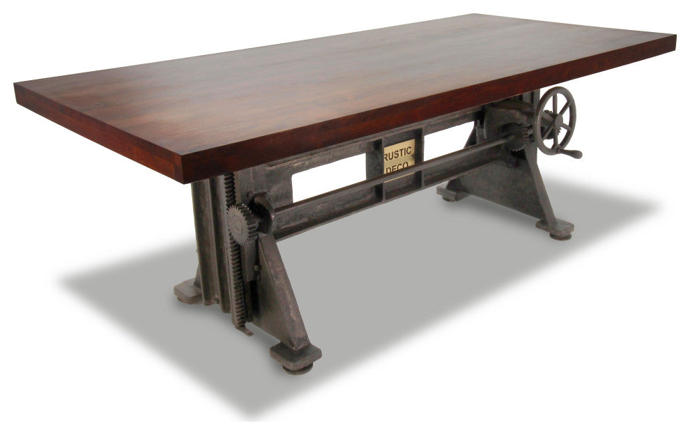 Craftsman Industrial Dining Table - Adjustable Height Iron Base - Mahogany Top