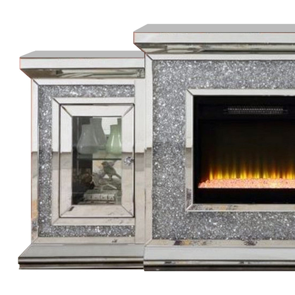 Benzara BM269596 Fireplace/2 Storage Doors and Beveled Mirror Framing, Silver