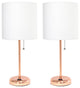 Rose Gold Stick Lamp With Charging Outlet and Fabric Shade Two Pack Set
