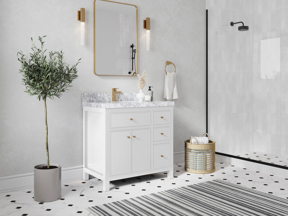 Sonoma 36 Left Offset Reeded  Bath Vanity in White 2" Carrara Quartz