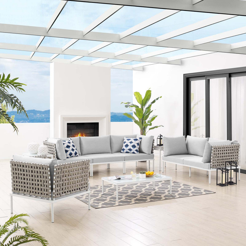 Lounge Sectional Sofa Chair Table Set, Sunbrella, Aluminum, Gray, Outdoor