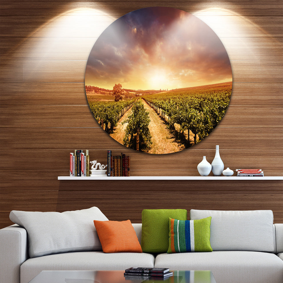 Vineyard With Stormy Sunset, Round Wall Art Landscape, 23"