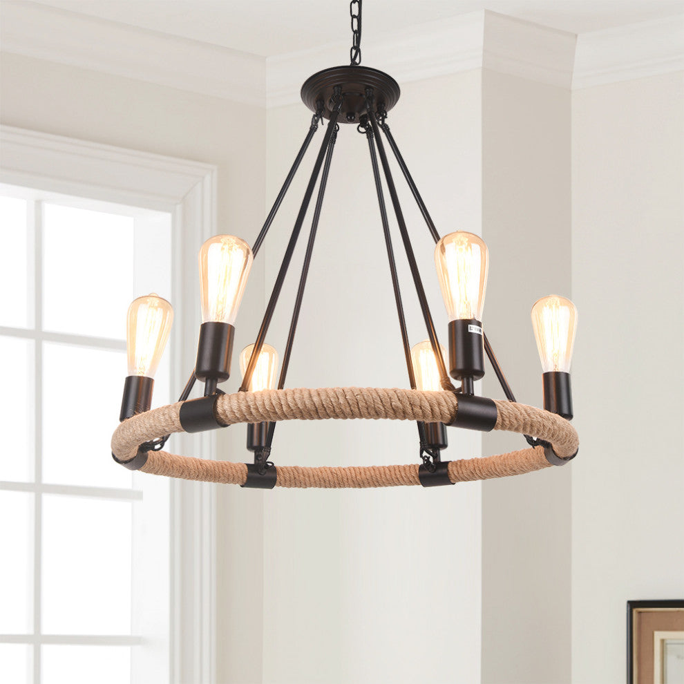 Modern Farmhouse Wagon Wheel Light Fixture, 6 Light
