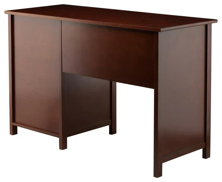 Transitional Desk, 3 Drawers & Single Door Cabinet With Beveled Accent, Walnut