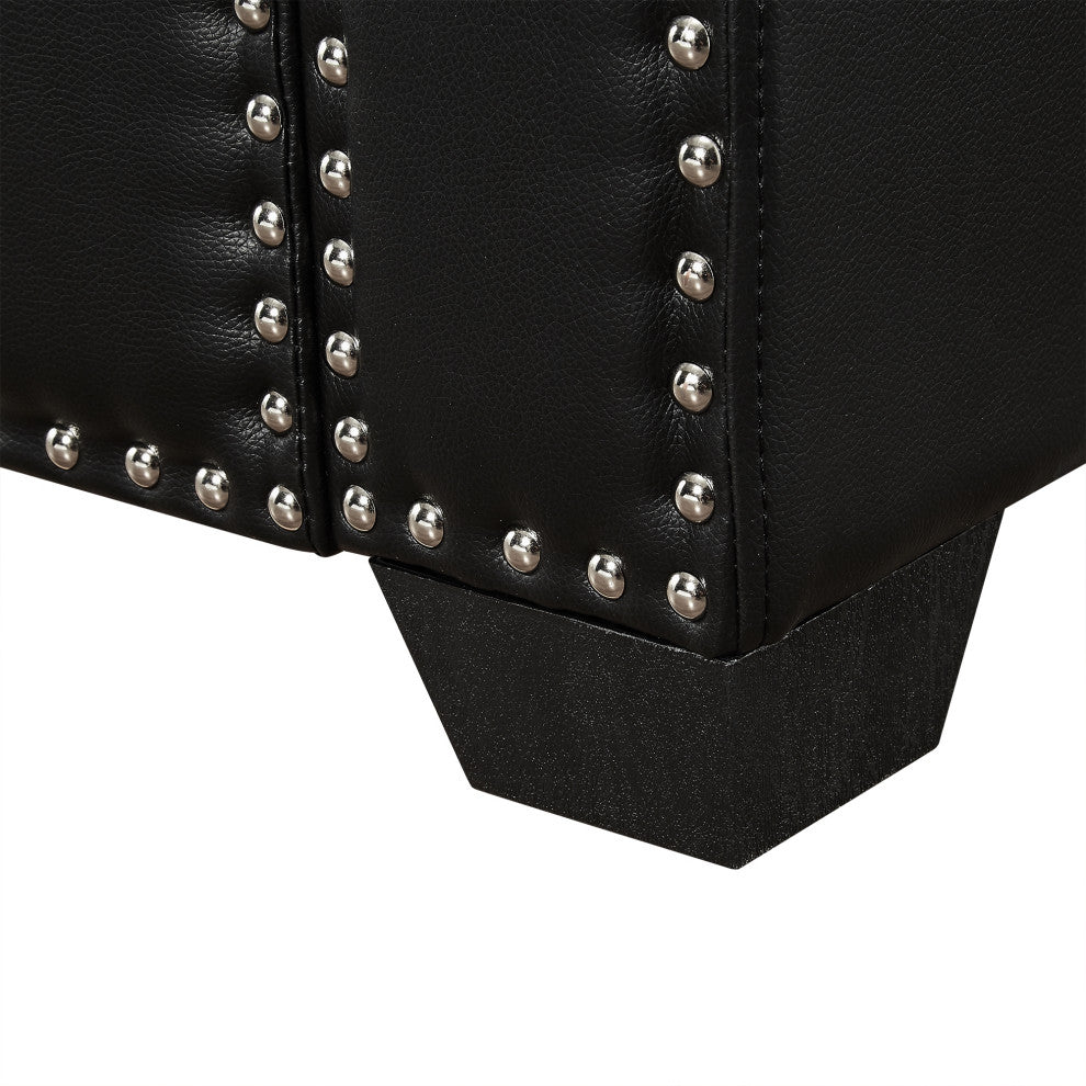 Veber PU Leather Nailhead Trim Storage Ottoman Bench, Black