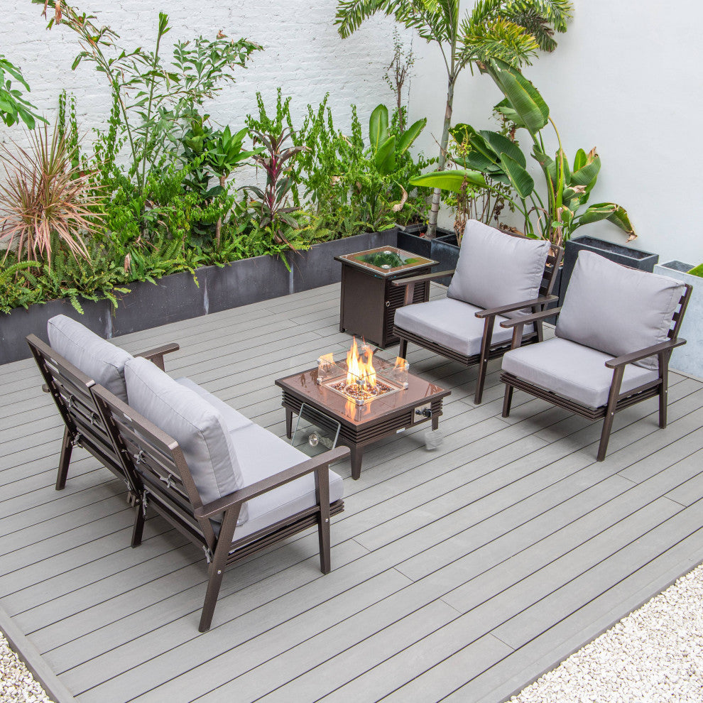 LeisureMod Walbrooke Patio Conversation Set With Fire Pit Table, Grey