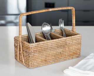 Artifacts Rattan™ 3 Section Caddy/Cutlery Holder with Handle, Honey Brown