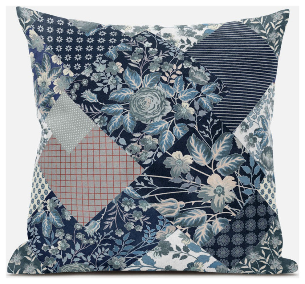 18" Deep Blue Gray Floral Zippered Suede Throw Pillow