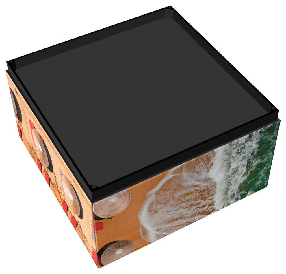 "Beach Bliss I" Reverse Printed Art Glass Cocktail Table with Black Plinth Base